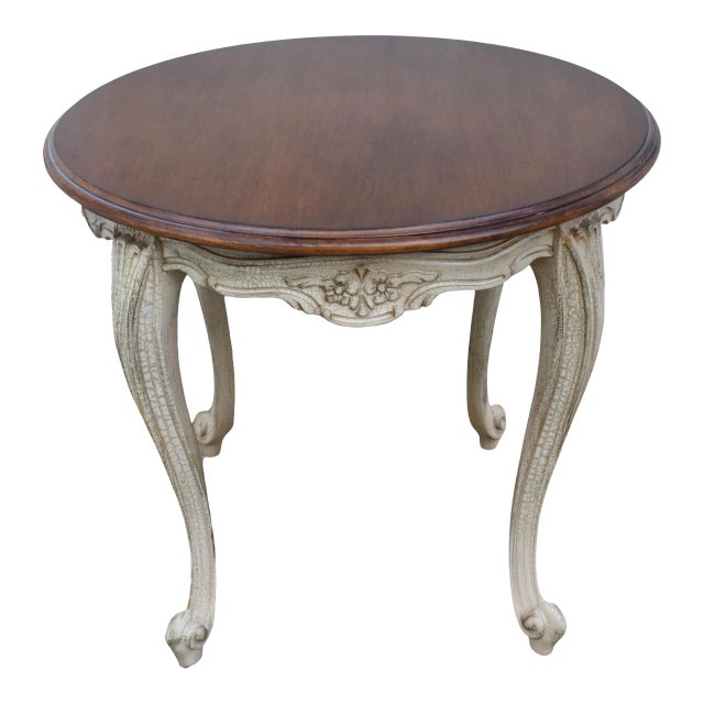 Vintage Wood Round Table Venetian Two Tone White Crackle French Provincial For Sale