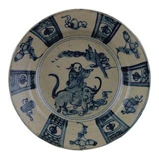 1940s Blue and White Porcelain Plate With Figure and Beast Motif For Sale