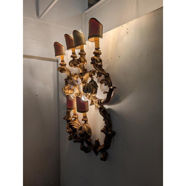Wood Six-Light Wall Lamp in Carved and Gilded Wood For Sale - Image 7 of 8