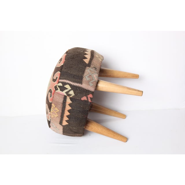 2020s Handwoven Vintage Kilim Upholstered Ottoman Stool | Tribal Wool Footstool With Wooden Legs For Sale - Image 5 of 8