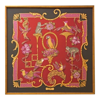 Framed Salvatore Ferragamo Silk Scarf, Exotic Birds & Monkeys Maximalist Wall Art, Luxury Italian Fashion Decor, 37x37 Statement Home Decor For Sale