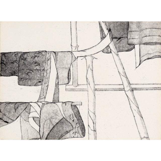 Clean, balanced etching of cloth hanging over poles by an unknown artist "Jeanetta (e)" (20th Century). Several pieces of...