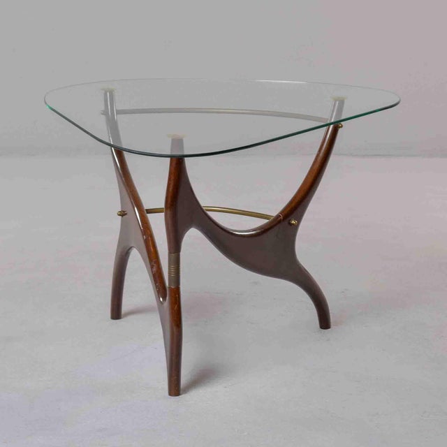 Italian Mid-Century Sculptural Walnut and Brass Cocktail Table With Triangular Glass Top For Sale - Image 4 of 11