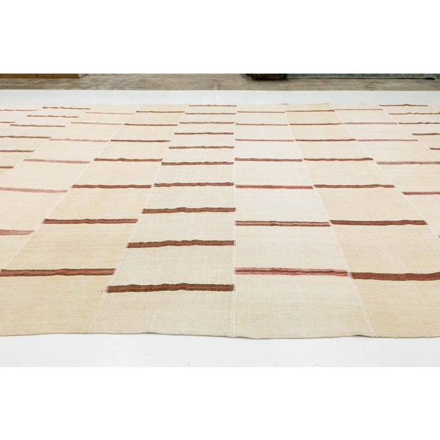 Vintage 13 X 27 Extra-Long Minimalist Striped Kilim Wool Rug in Neutral Cream For Sale - Image 12 of 12