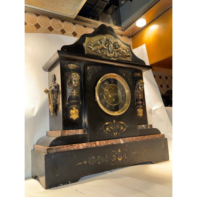 Victorian 19th Century French Stone Mantel Clock With Greco Roman Motifs & Open Escapement For Sale - Image 3 of 10