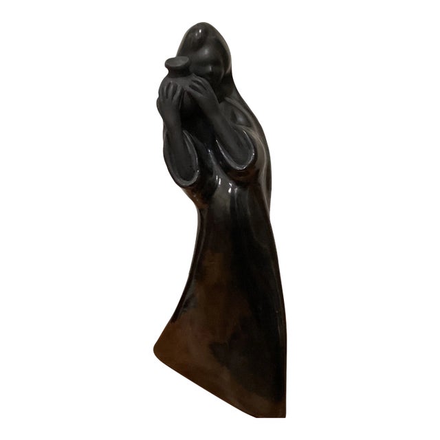Vintage Early 20th Century Black Ceramic Woman With Water Jag Figurine Sculpture For Sale