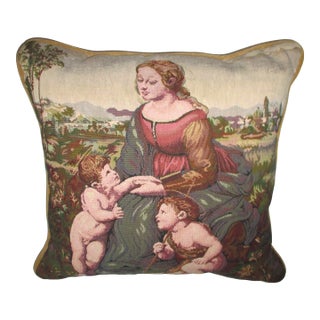 Vintage Tapestry Throw Pillow 16th Century Renaissance Style Woman & Cherubs For Sale