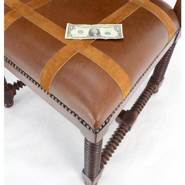 Mid 20th Century Pair of Turned Legs & Stretchers Large Leather Upholstery Side Chairs MINT! For Sale - Image 5 of 14