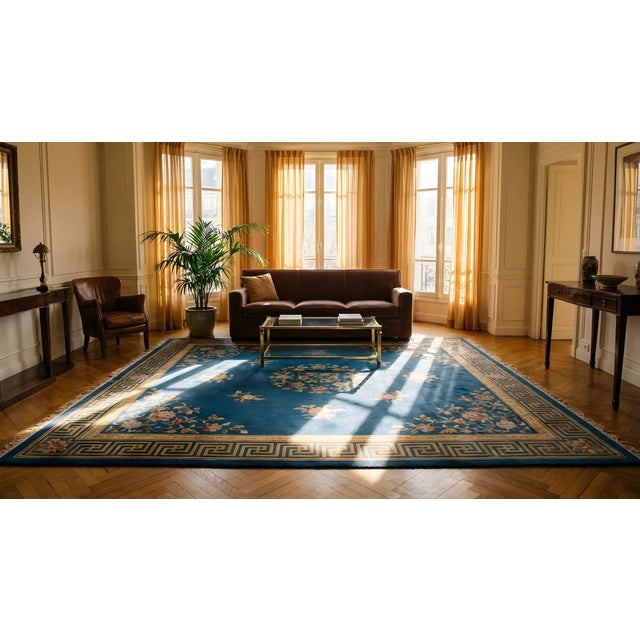 Magistral Ink Blue Color and Different Floral Desing Antique Chinese Art Deco Rug For Sale - Image 17 of 17