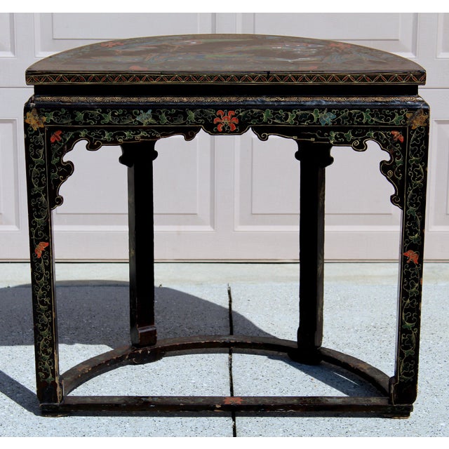 Antique 19th Century Chinese Brown Lacquer Demi-Lune Console Table | Hand-Painted Gilt Decor For Sale - Image 9 of 17
