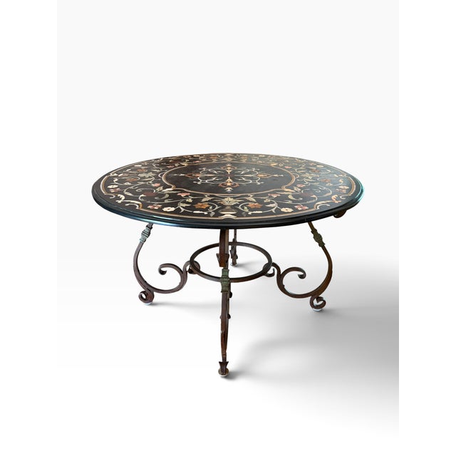 Antique Italian Pietra Dura Inlaid Marble & Wrought Iron Dining Table. Genuine inlaid marble on a well worn clear coated...