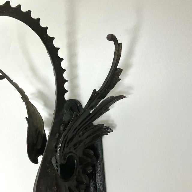 Metal 1920s Hand Hammered Iron Dragons Wall Sconces - a Pair For Sale - Image 7 of 9