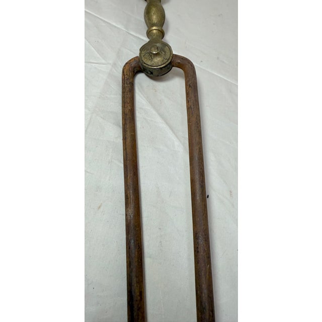 Metal Antique 18th Century Wrought Iron Turned Brass English Fireplace Tongs Tool 11 For Sale - Image 7 of 10