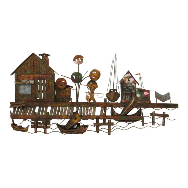 Vintage Curtis Jere Style Torch Cut Copper Wall Sculpture of a Boat Dock Scene For Sale