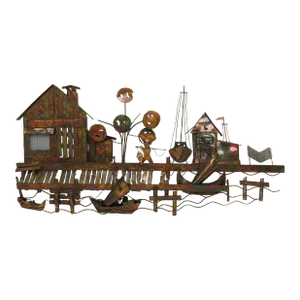Vintage Curtis Jere Style Torch Cut Copper Wall Sculpture of a Boat Dock Scene