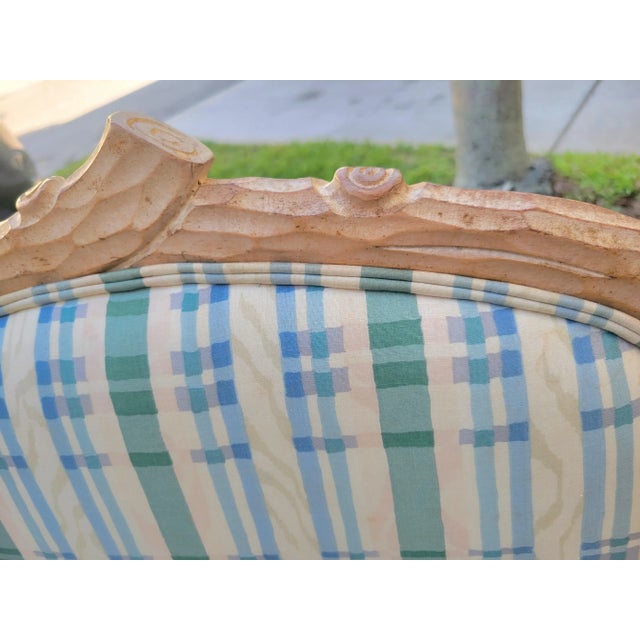 Vintage Large Faux Bois Modern Plaid Green Blue Side Accent Chair For Sale - Image 9 of 11