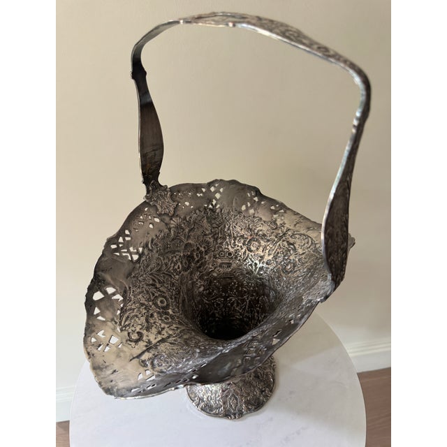 Victorian Victorian Silver-Plated Bride’s Basket With Reticulated Rim & Repousse Decoration, C. 1880s — Monogrammed “A” For Sale - Image 3 of 9