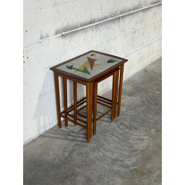 Teak Abstract Mosaic Tile Top Nesting Tables Set of 3 Mid-Century Modern 1960s For Sale - Image 10 of 10
