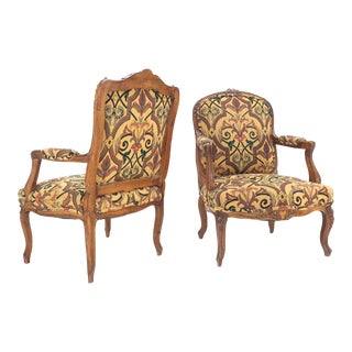 His & Hers Finely Carved Walnut Country French Lounge Armchairs Tapestry - A Pair For Sale