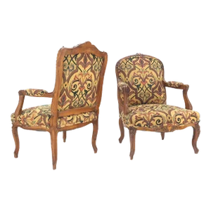 His & Hers Finely Carved Walnut Country French Lounge Armchairs Tapestry - A Pair