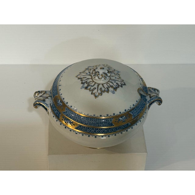 Victorian Antique English Dalmeny Covered Tureen by Hancock Whieldon Pattern, Blue & Gilt For Sale - Image 3 of 10