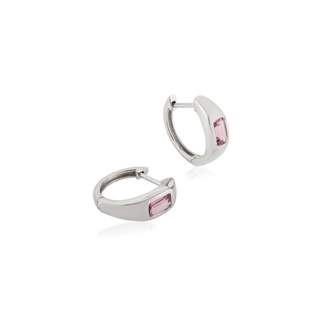 Not Yet Made - Made To Order Geometric Emerald-Cut Natural Pink Sapphire Huggie Hoop Earrings 14k White Gold- A Pair For Sale - Image 5 of 11