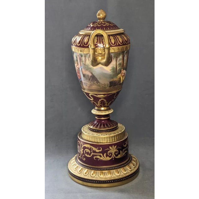 French 19thc Austrian Antique Royal Vienna Hand Painted Romantic Scene - 2 Handled 13.5" Porcelain Vase For Sale - Image 3 of 12
