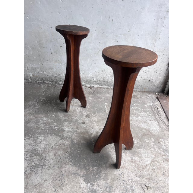 Wood Arts & Crafts Wooden Pedestal Stands, France, 1920, Set of 2 For Sale - Image 7 of 9