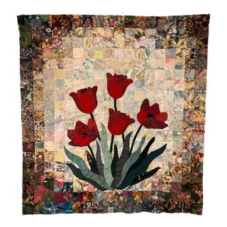 1970's Folk Art "Tulip Watercolor" Textile Art, Multicolor For Sale