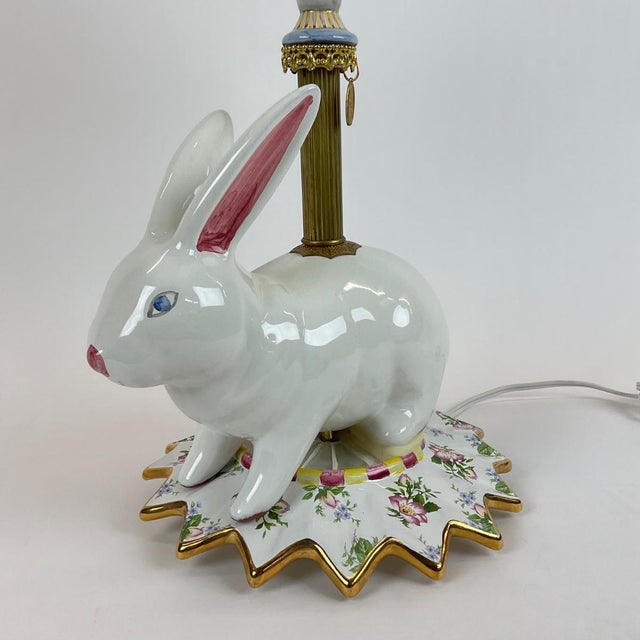 Metal Late 20th Century MacKenzie-Childs Porcelain Bunny Rabbit Table Lamp With Beaded Fringe Shade For Sale - Image 7 of 7