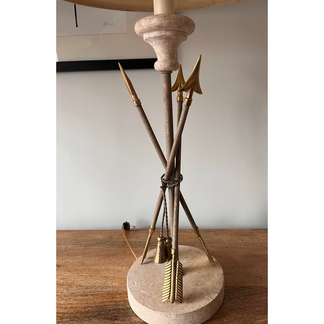 Mid 20th Century Mid 20th Century French Arrow & Tassel Lamps on Travertine Bases With Original Fabric Shades-a Pair For Sale - Image 5 of 12