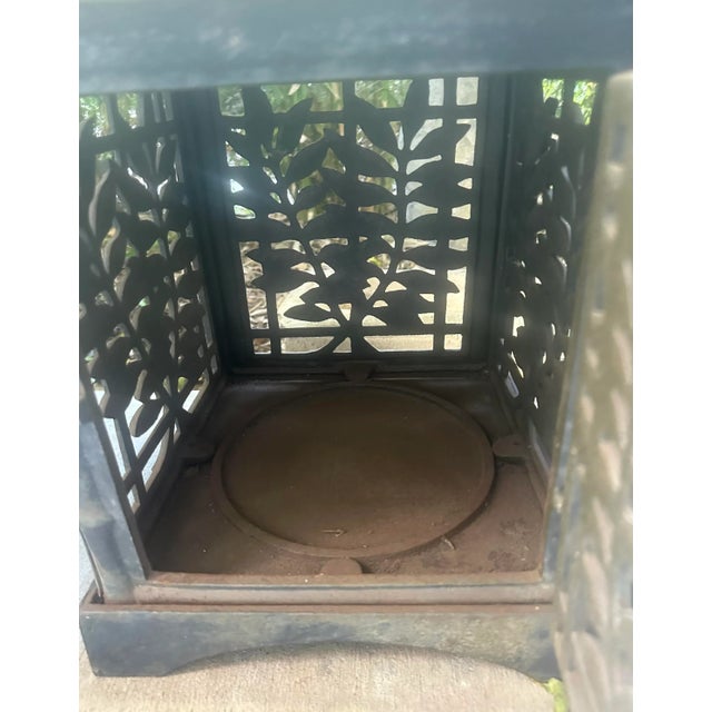 Black Pair of Antique Asian Large Cast Iron Bamboo & Leaf Motif Lanterns For Sale - Image 8 of 11