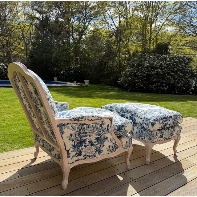 Ralph Lauren Custom Blue and White Marquis Bergere Chair and Ottoman Set Upholstered in Ralph Lauren For Sale - Image 4 of 18