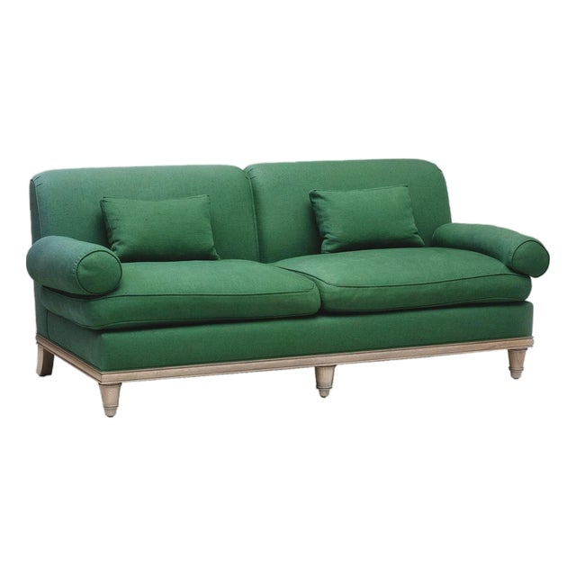 Custom Carved Oak & Green Linen Sofa by Steven Gambrel For Sale