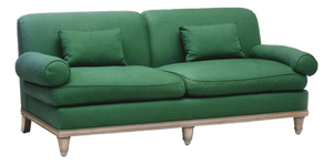 Custom Carved Oak & Green Linen Sofa by Steven Gambrel