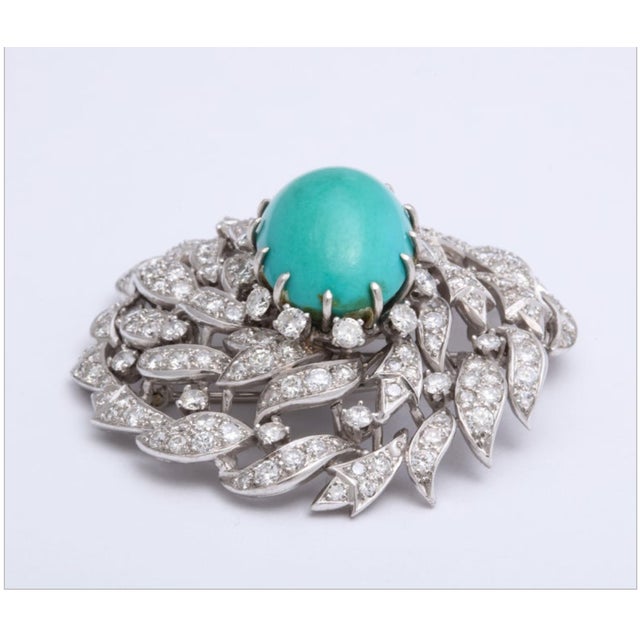 1950s Platinum, Diamond, and Persian Turquoise Asymmetric Dress Clip For Sale - Image 5 of 7