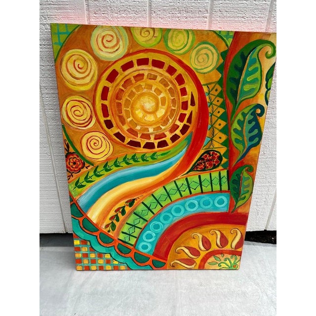 Large Carol Bertrand Yellow and Green Joy meditation series Painting Amazing large canvas with colors of green, orange,...