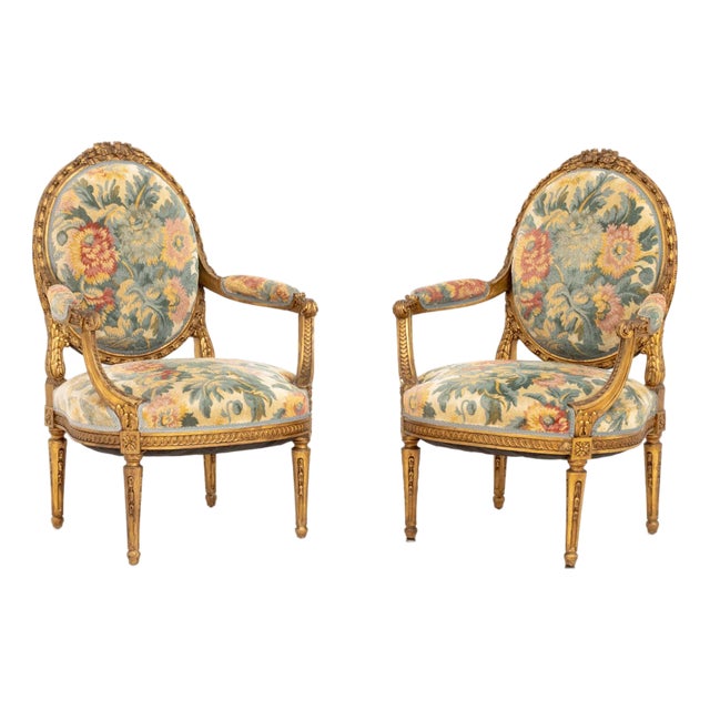 Pair of Louis XVI Style Tapestry Upholstered Giltwood Fauteuils For Sale