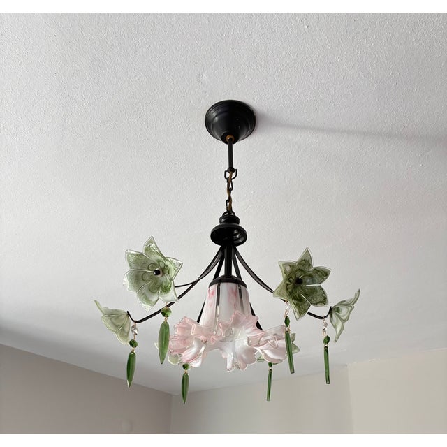 Vintage Murano Style Chandelier – Rare Pink & Green Art Glass For Sale - Image 10 of 13