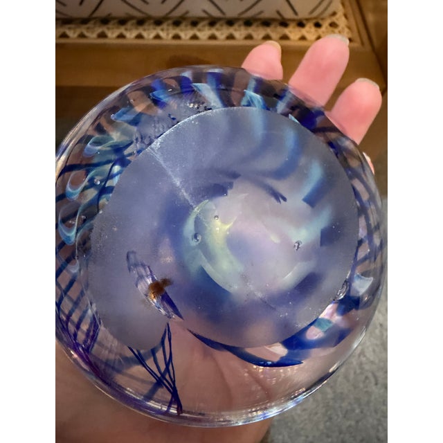 Contemporary Late 20th Century Signed Angelo Ballarin F&m Ballarin Studio Murano Art Glass Paperweight With Blue Swirl For Sale - Image 3 of 3