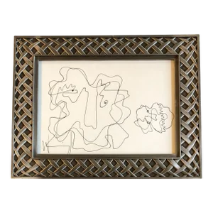 1980’s Vintage Wayne Cunningham Abstract Ink Drawing Metal Frame