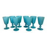 1930s Portieux Vallerysthal Turquoise Blue Opaline French Glassware- Set of 8 For Sale