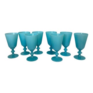 1930s Portieux Vallerysthal Turquoise Blue Opaline French Glassware- Set of 8 For Sale