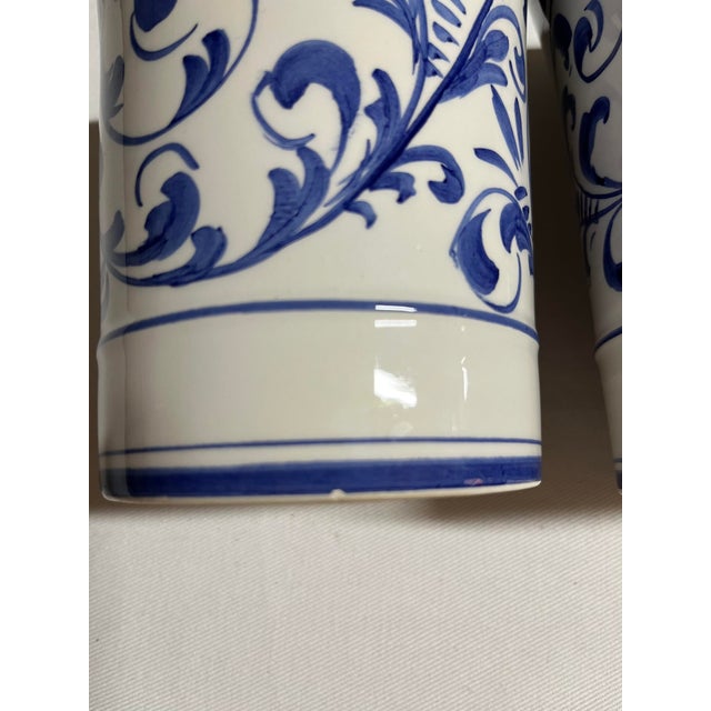 Royal Blue Blue and White Cachepots With Floral Scroll Design, Hand Painted in Italy- Set of 2 For Sale - Image 8 of 10