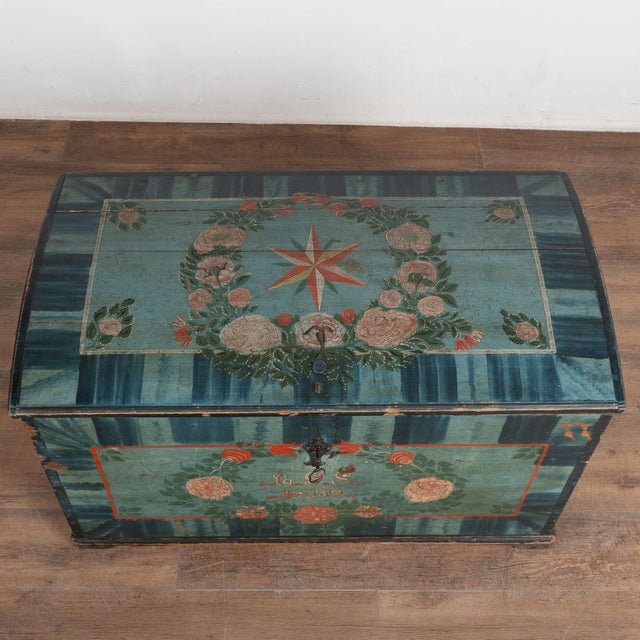 Folk Art Original Hand Painted Blue Swedish Dome Top Pine Trunk Dated 1852 For Sale - Image 3 of 18