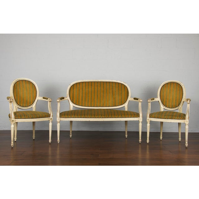 Antique French Louis XVI Style Provincial Painted Loveseat W/ Two Armchairs - Set of 3 For Sale - Image 13 of 13