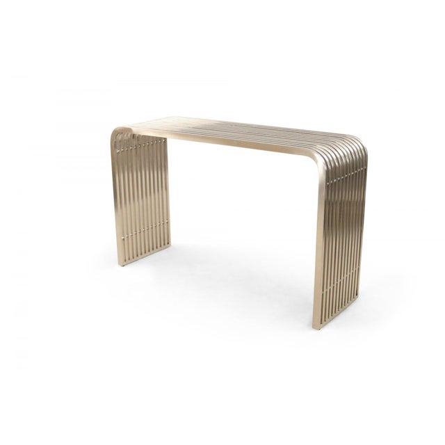 Contemporary Silver Metal Curved Metal Slat Console Tables A Pair