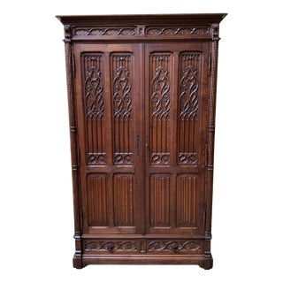 Antique Neo-Gothic Wardrobe with Linen Compartments, 1880 For Sale