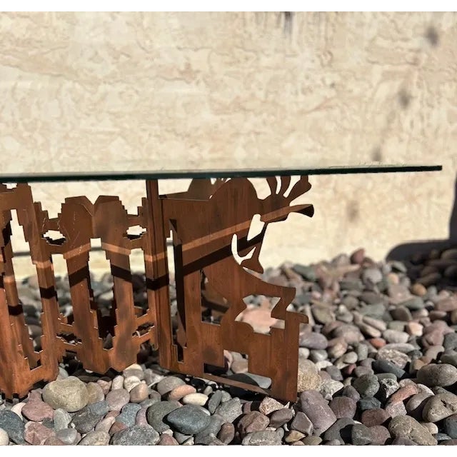 Rustic 1990s Hand Made Brutalist Kokopelli Cast Iron Base With Rectangular Beveled Glass Coffee Table For Sale - Image 3 of 5