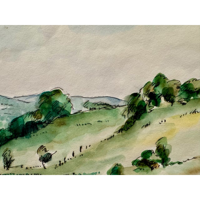 Rustic 1940s Henry Emil Salloch Original Watercolor on Paper Rolling Green Hills and Pastureland. For Sale - Image 3 of 5